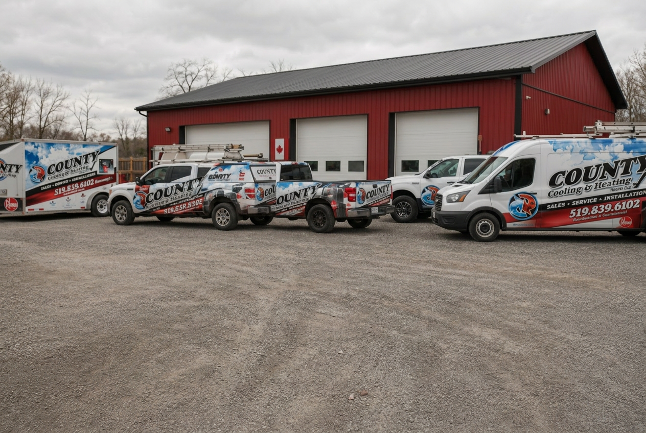 County Cooling and Heating fleet of branded trucks and van parked in front of the red shop in Cottam, Ontario